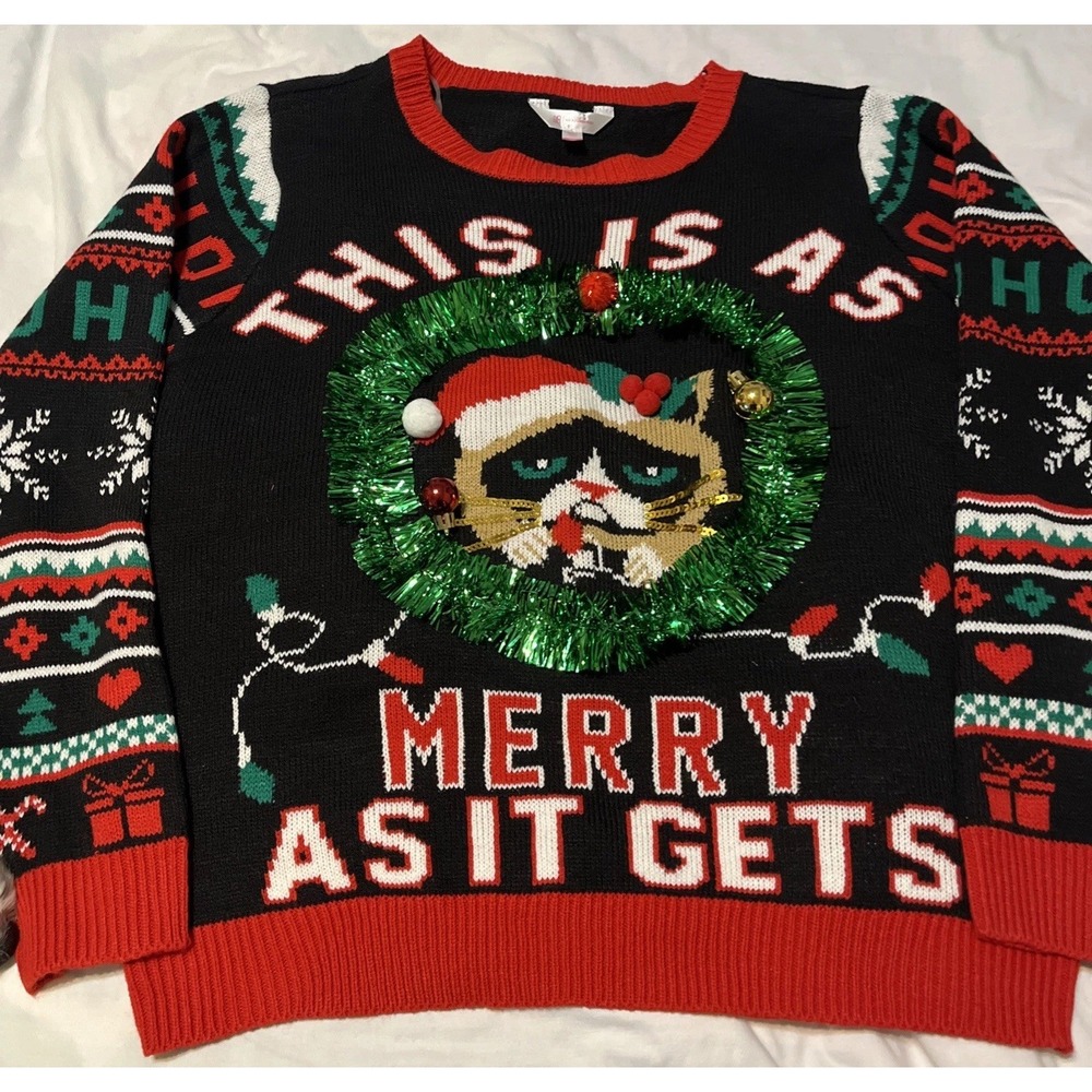 Ugly Christmas Sweater Grumpy Cat This Is As Merry As It Gets Juniors XXL Sz 19